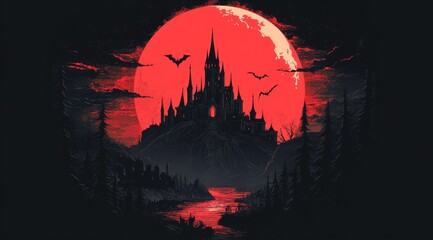 Dark gothic castle under a blood red moon