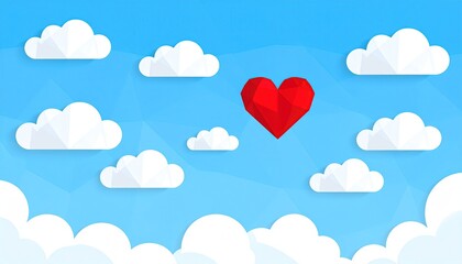 Red Heart Sky Clouds Low Poly.