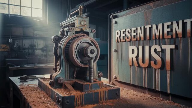 Rusty industrial machine sits on a workbench, dripping with rust colored liquid, next to a sign reading resentment rust in a dimly lit workshop