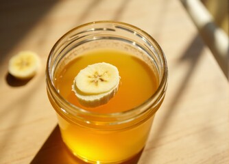 A jar of honey with a slice of banana on top.