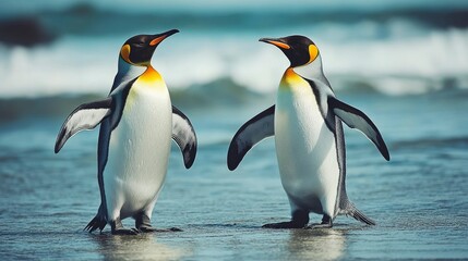 Obraz premium Two King Penguins Facing Each Other on a Beach