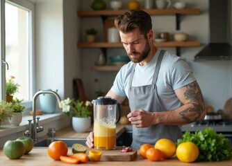 A man in an apron preparing a smoothie in a kitchen.