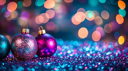 Sparkling Christmas Ornaments on Glittering Background Festive Holiday Decoration Teal Purple Pink Bokeh Lights