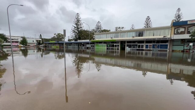 Port Macquarie city main street impacted by rising floodwater in New South Wales NSW Australia