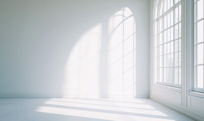 Obraz premium Sunlight streams into a minimalist white room, illuminating a corner with a large arched window and blank wall, casting dramatic shadows on the floor