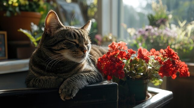 Serene Tabby Cat Relaxing by Sunlit Window with Red Flowers - Powered by Adobe