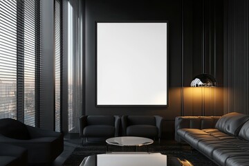 Dark, modern lounge with city view, featuring a large blank canvas, black leather furniture, and a sleek, minimalist design