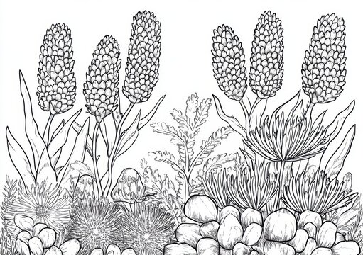 Illustrazione botanica in bianco e nero di piante da giardino
