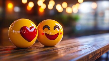 Happy Emojis in Love on Wooden Table Romantic Background