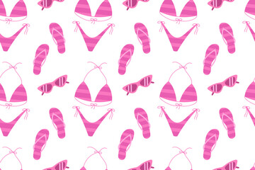 Seamless vector pattern of pink striped bikini, flip-flops, and sunglasses on a transparent background. Cute summer beachwear repeat design for fun seasonal projects.

