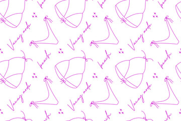 Seamless bikini pattern in pink with "vacay mode" and "beach" lettering. Linear feminine design on transparent background for summer apparel and digital prints.

