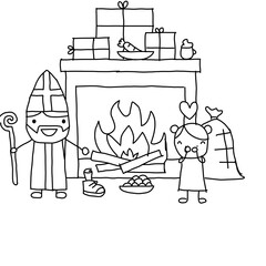 Hand Drawn Vector line drawing illustration of Sinterklaas and Ozosnel