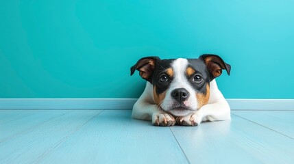 Adorable Puppy Resting on Light Blue Floor Against Teal Wall