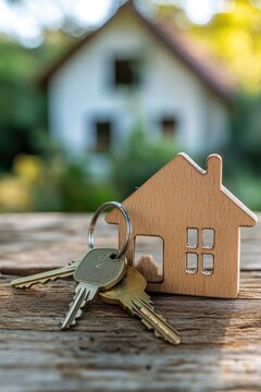 Wooden house figurine and keys on weathered wood, blurred house background