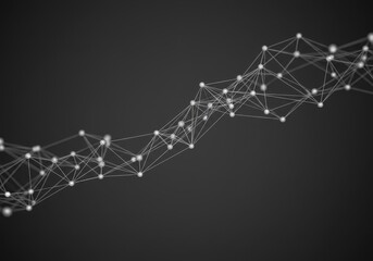 Abstract 3D Network Connection with White Dots and Lines on Dark Grey Background