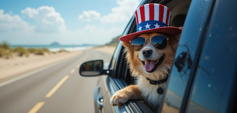 Cute and happy dog ​​looking out of the window of a car running on a beach road wearing an American flag hat and sunglasses summer vacation animal lover design Independence da 4th of july patriotic ho - Powered by Adobe