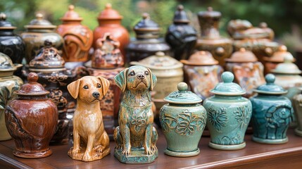 Ceramic Dog Figurines and Asian-Style Urns Displayed on Wooden Surface