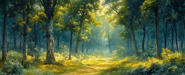 Obraz premium Sunlit Path Through a Serene Forest A Breathtaking Nature Scene