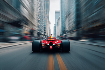 Red racing car speeding along a city asphalt road, showcasing dynamic motion blur that emphasizes incredible speed and power