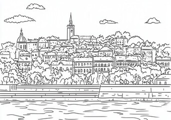 Obraz premium Panoramica urbana in stile schizzo monocromatico