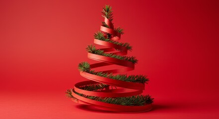 Abstract Festive Christmas Tree Spiral Red Decoration With Green Foliage