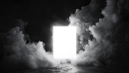 A bright white rectangular void in a dark space surrounded by swirling, smoky clouds