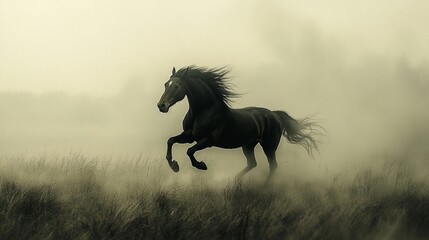 Black Stallion in Misty Field