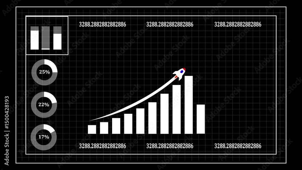 Poster data infographic with rocket icon showing tech progress. animated infographic visualizing data with 