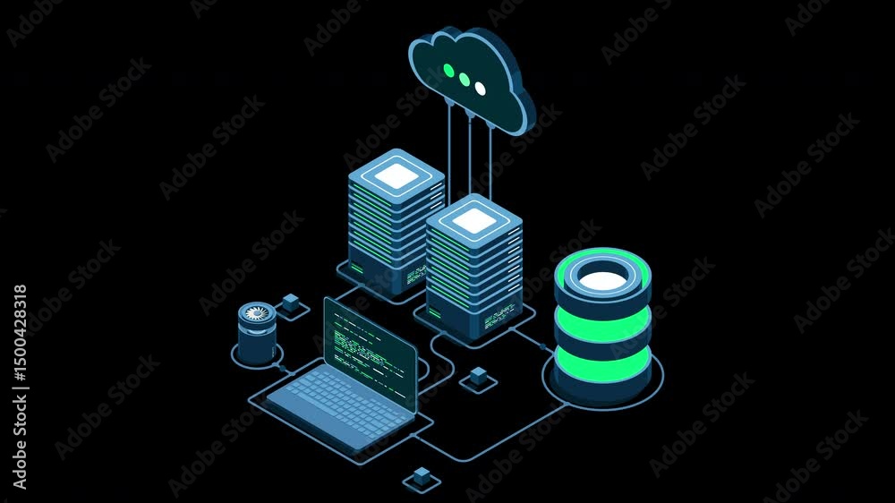 Poster Cloud technology computing animation. Modern cloud technology. Data center isometric concept. Isometric cloud technology with datacenter. Web hosting concept. Transparent background with alpha channel