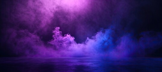 Smoky stage lit with vibrant purple and blue light