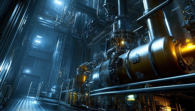Interno di impianto industriale, tubature e macchinari