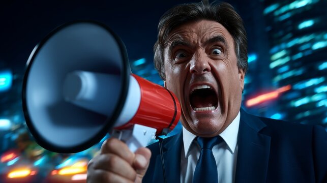 Businessman shouting into a megaphone with an angry expression in an urban setting at night