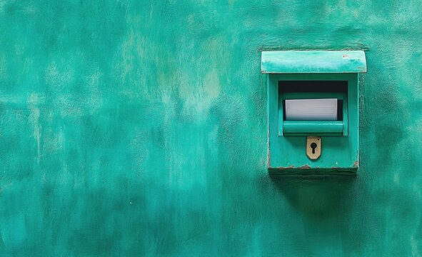 A small, teal-green metal mailbox affixed to a similarly colored textured wall, showing slight wear and a visible keyhole.  A small white slip of paper is visible inside