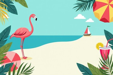 Tropical beach flamingo background with vibrant palm leaves, cocktail, and sailboat, perfect for summer vacation themed designs.