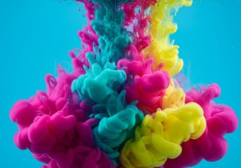 Abstract Photo of Colorful Ink Eruption in Water on Blue Background
