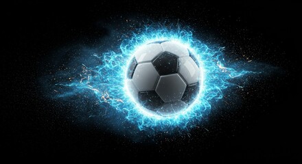 Fototapeta premium Abstract Photo Soccer Ball Bursting With Blue Energy and Sparkles on Black Background