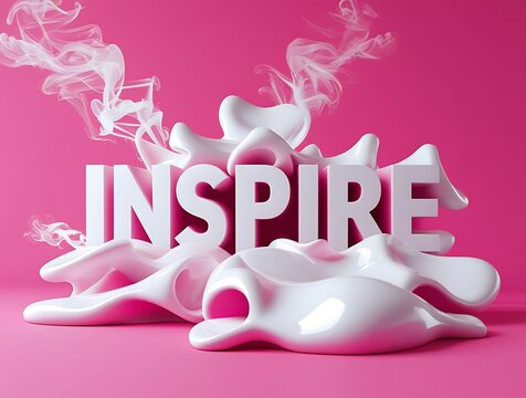 Naklejki Creative 3D typography word INSPIRE with white bold letters surrounded by fluffy clouds and smoke on a vibrant pink background, symbolizing motivation, creativity, and imagination