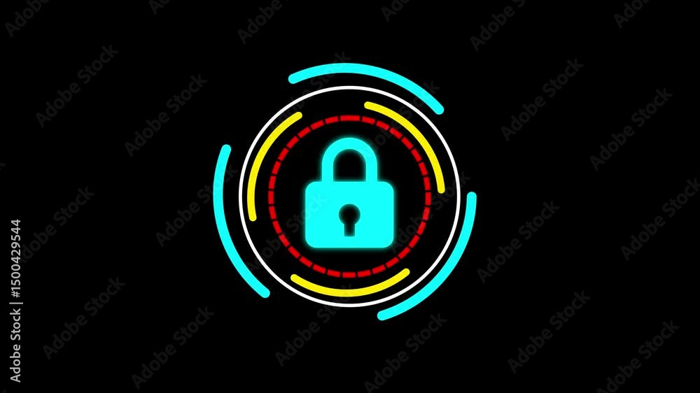 Poster cybersecurity padlock symbolizing data protection. animated cyber security padlock displaying data p
