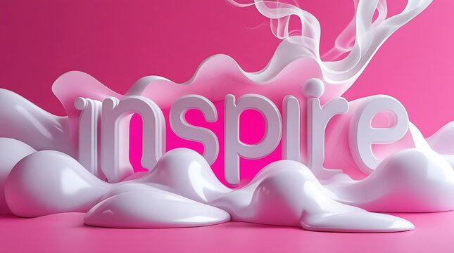 Creative 3D typography word INSPIRE with white bold letters surrounded by fluffy clouds and smoke on a vibrant pink background, symbolizing motivation, creativity, and imagination - Powered by Adobe