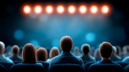 Audience watching a movie or presentation in a dark theater or auditorium with bright stage lights
