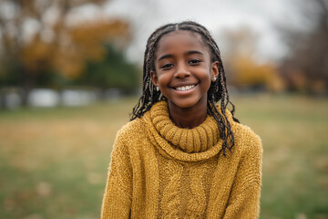 Portrait of a smiling young african american girl wearing a yellow sweater and braids in a park during autumn