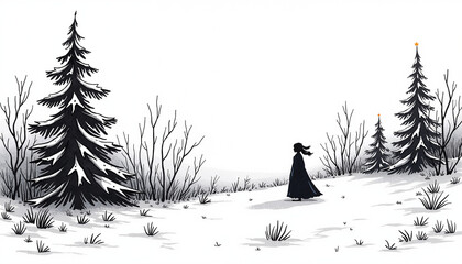Young girl in black coat walking through snowy forest landscape  
