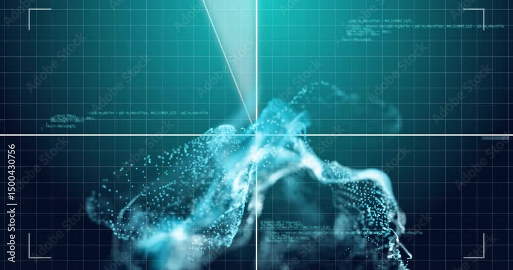 Poster teal grid fading in starting scanning rings pulsing particle figure showing data before fragmenting