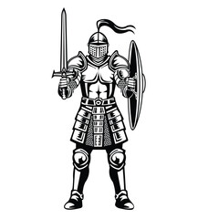 Fototapeta premium medieval knight standing guard with sword and shield