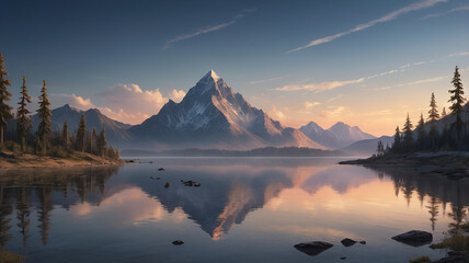 A calm lake reflects golden light at sunset, bordered by dark hills and layered mountains fading into the distance, with the tallest peak rising sharply about 10 km away under a glowing peach sky.