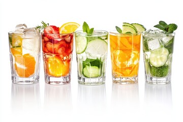 Fototapeta premium Refreshing Citrus Beverage Glassware: A Collection of Cool Juices Against a Clean White Background