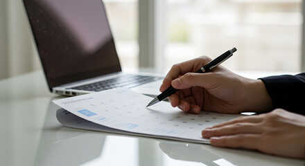 Fototapeta premium Close Up Of Hand Holding Pen Over Graph On White Paper With Laptop On Desk In Bright Office Space Filled With Natural Light