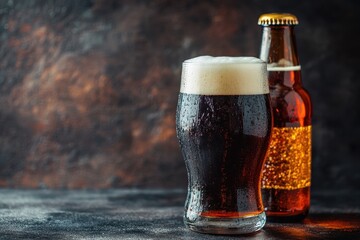 Refreshing Dark Brew in a Frosty Glass Next to an Ice-Cold Bottle