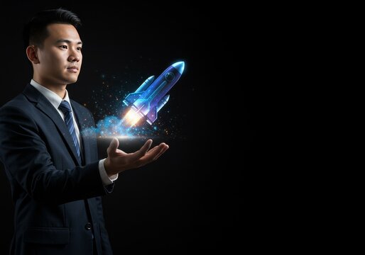 Businessman Holding Digital Rocket Illustration On Black Background - Powered by Adobe