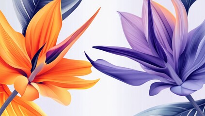 Obraz premium Vibrant orange and purple flowers, detailed botanical illustration, soft pastel background